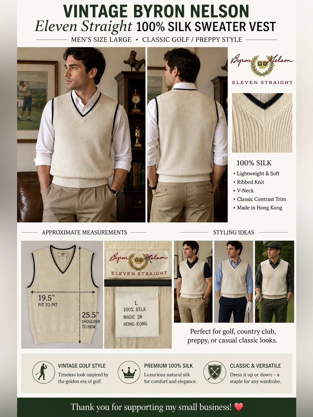 Vintage Byron Nelson Eleven Straight 100% Silk Sweater Vest Men L Golf Preppy